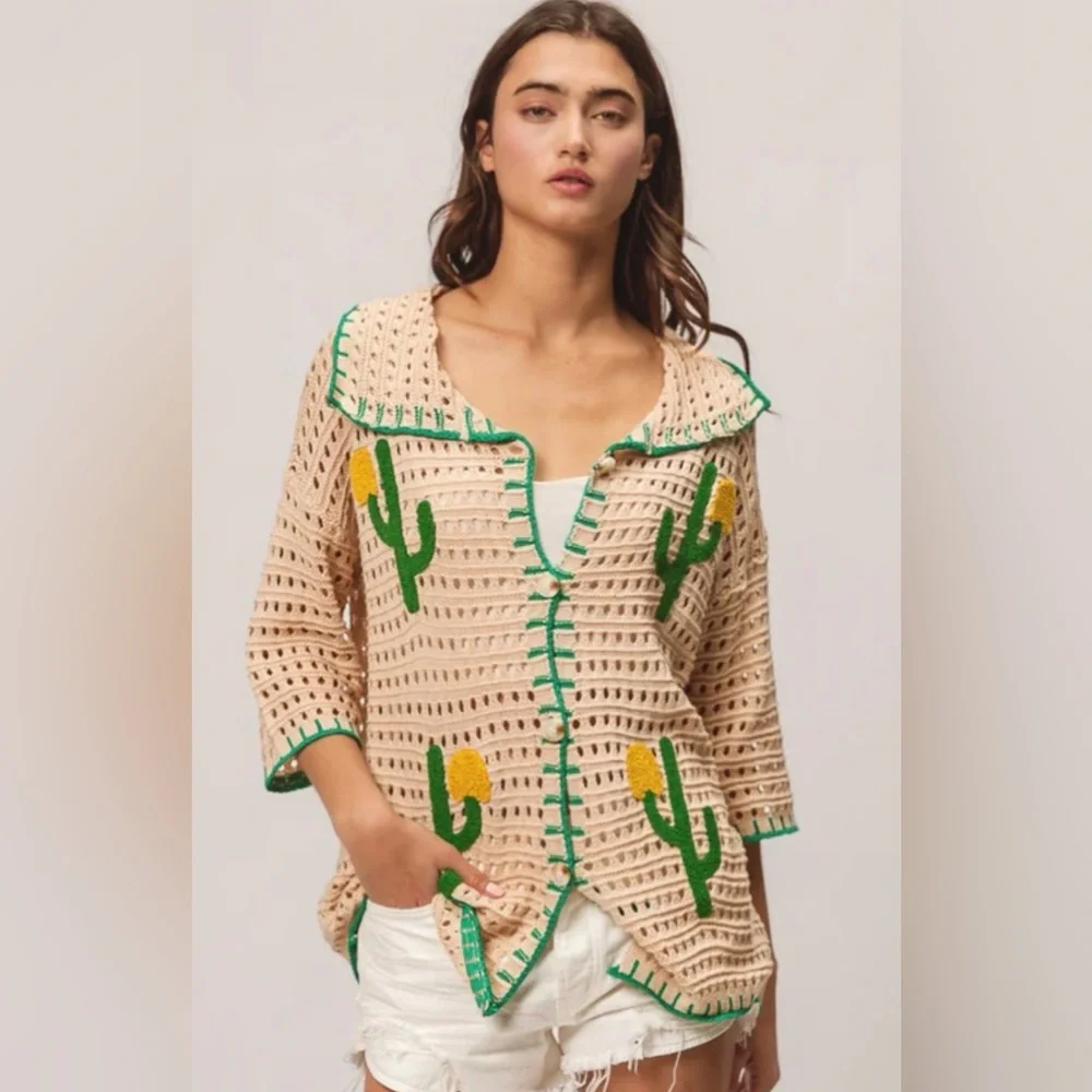 BiBi Edge Stitched Cactus
Patch Sweater  crochet southwestern medium - Picture 2 of 14
